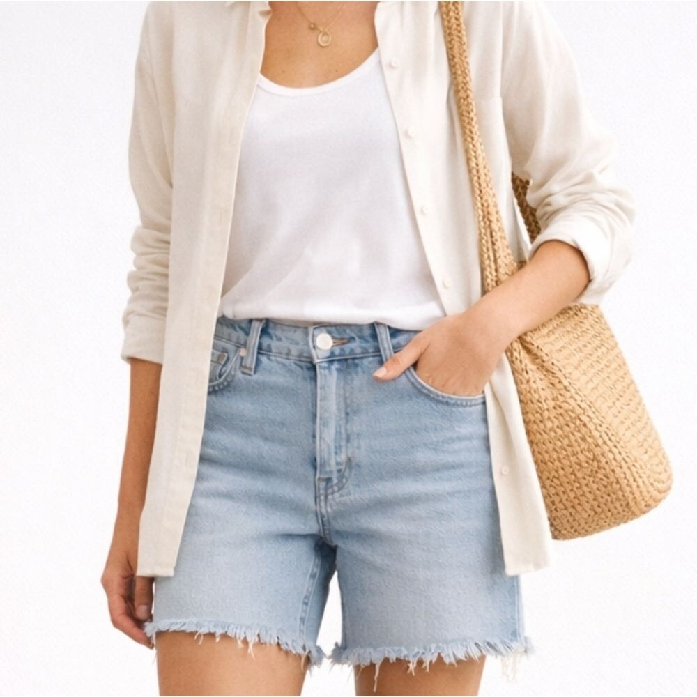 Madewell High Rise Denim Shorts 24 Light Wash Raw Hem 90s Longline Coastal 90s